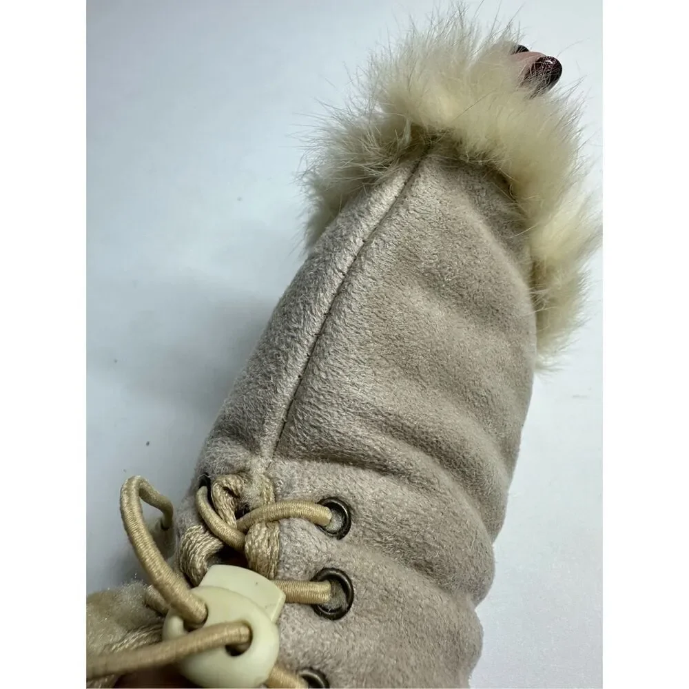 Women’s Faux Suede Fingerless Gloves Tan Beige One Size Rabbit Fur Trim Lace Up
